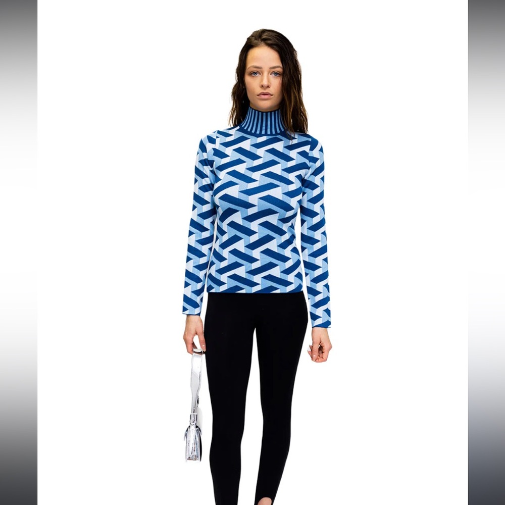 Torn By Ronny Kobo Blue Geometric Patterned Reine Mockneck Top